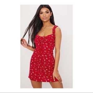 Pretty Little Thing Red Floral Frill Shift Dress - Size 12